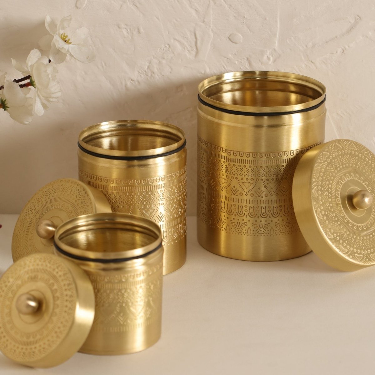 Brass Storage Jar/Container with Lid for Tea, Sugar and Spice in Kitchen Use | Combo | Small, Medium & Large | Handmade in India