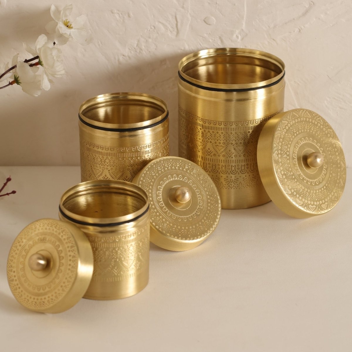 Brass Storage Jar/Container with Lid for Tea, Sugar and Spice in Kitchen Use | Combo | Small, Medium & Large | Handmade in India