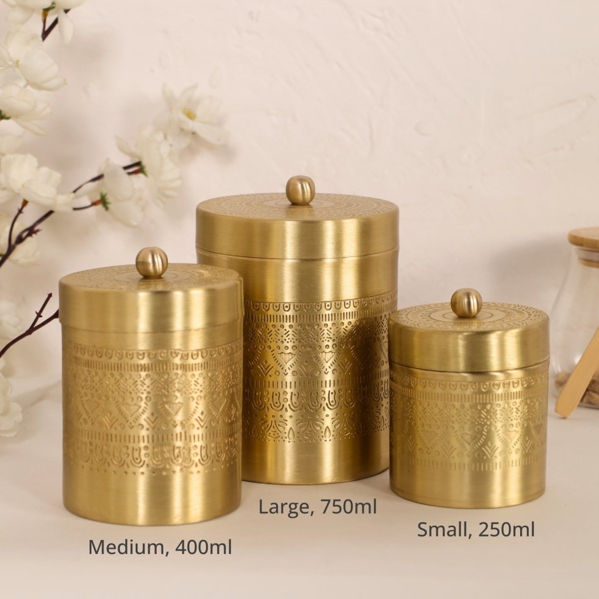 Brass Storage Jar/Container with Lid for Tea, Sugar and Spice in Kitchen Use | Combo | Small, Medium & Large | Handmade in India
