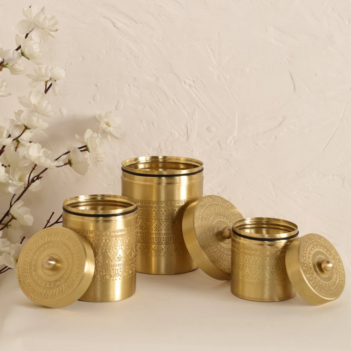 Brass Storage Jar/Container with Lid for Tea, Sugar and Spice in Kitchen Use | Combo | Small, Medium & Large | Handmade in India