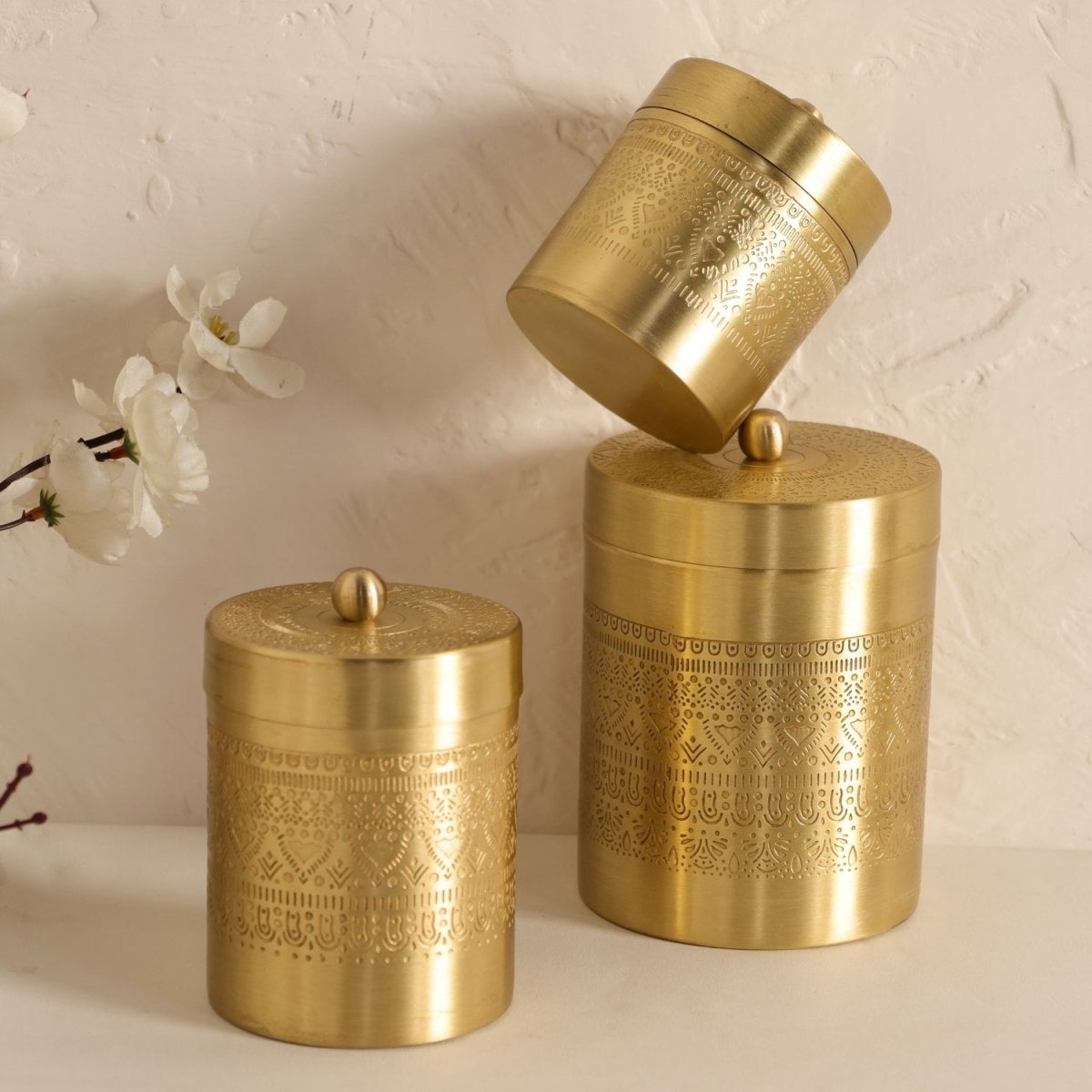 Brass Storage Jar/Container with Lid for Tea, Sugar and Spice in Kitchen Use | Combo | Small, Medium & Large | Handmade in India