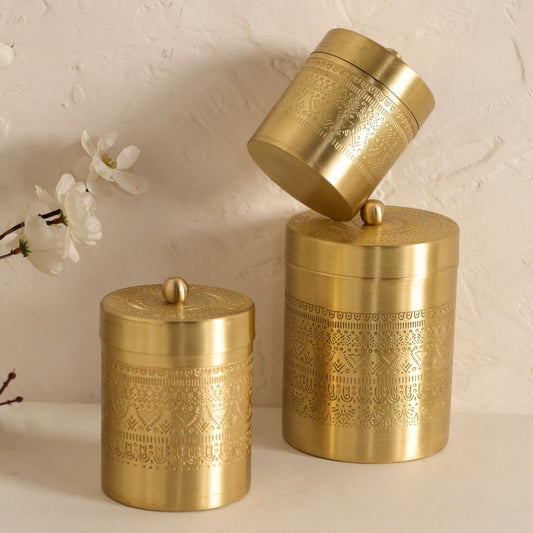 Brass Storage Jar/Container with Lid for Tea, Sugar and Spice in Kitchen Use | Combo | Small, Medium & Large | Handmade in India