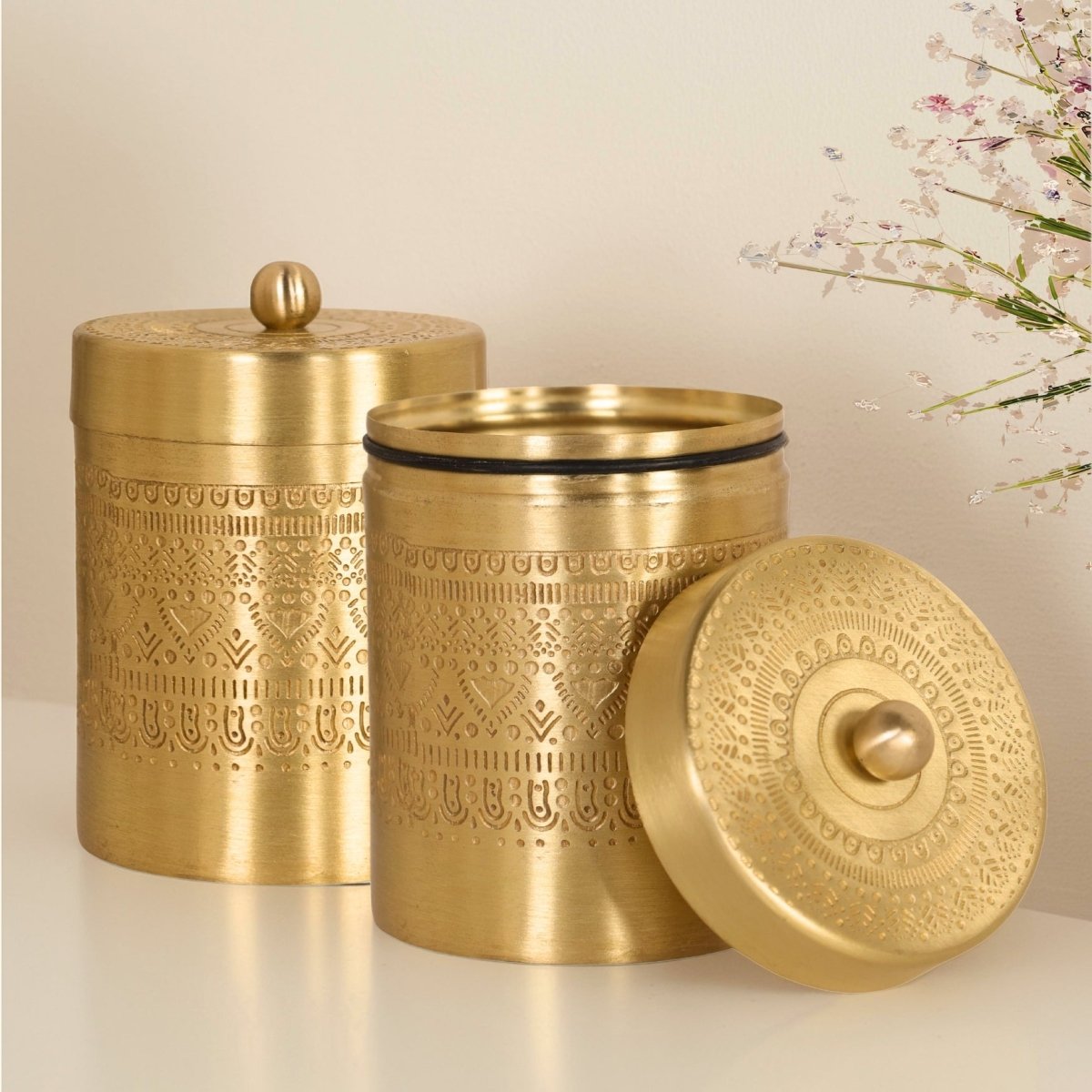 Brass Storage Jar/Container with Lid for Tea, Sugar & Spice in Kitchen Use | Set of 2 | Handmade in India