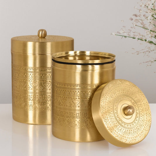 Brass Storage Jar/Container with Lid for Tea, Sugar & Spice in Kitchen Use | Set of 2 | Handmade in India