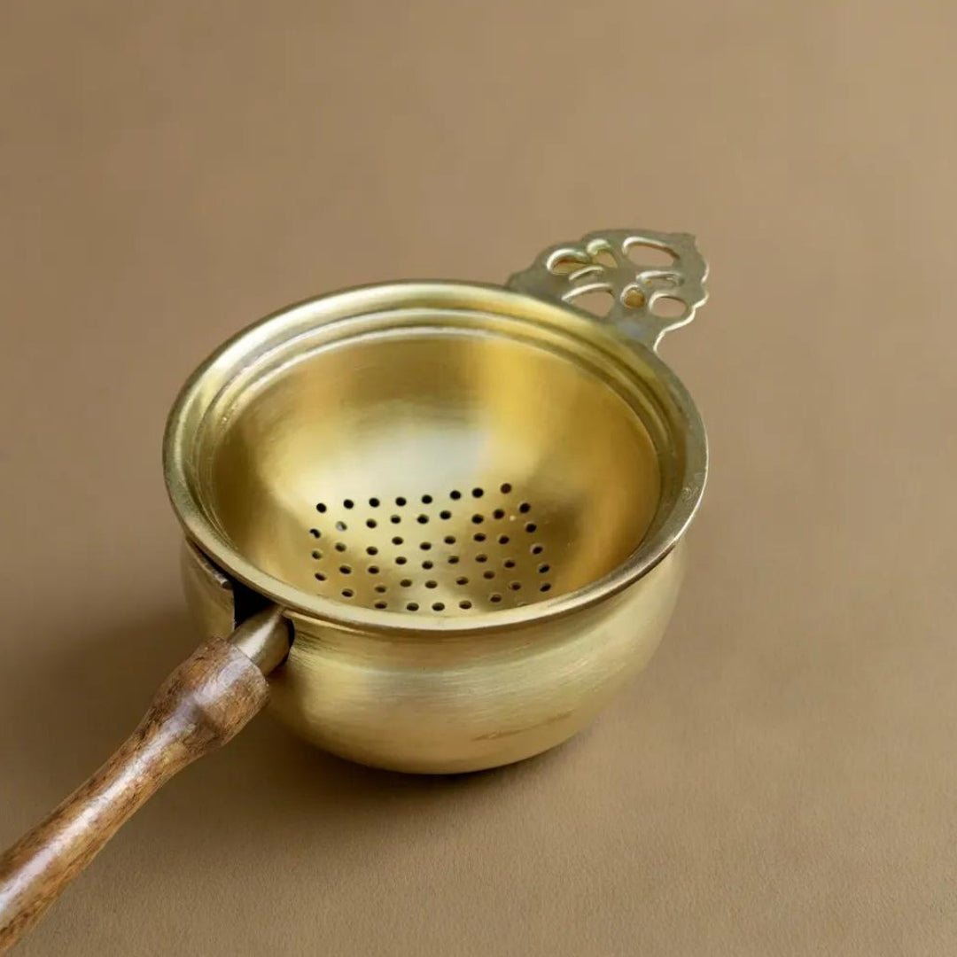 Brass & Wood Tea Strainer & bowl for Everyday Luxury Kitchen usage | Wooden Handle | Handmade in India