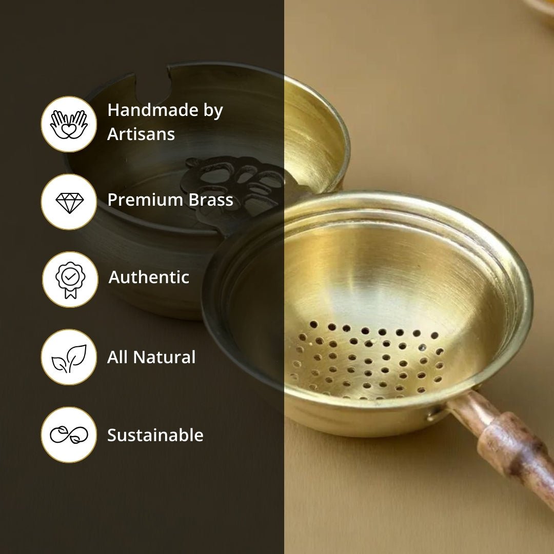 Brass & Wood Tea Strainer & bowl for Everyday Luxury Kitchen usage | Wooden Handle | Handmade in India