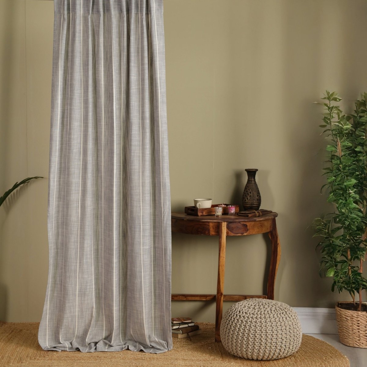 Charcoal Handwoven Cotton Striped Curtain | 7 ft/9 ft Length