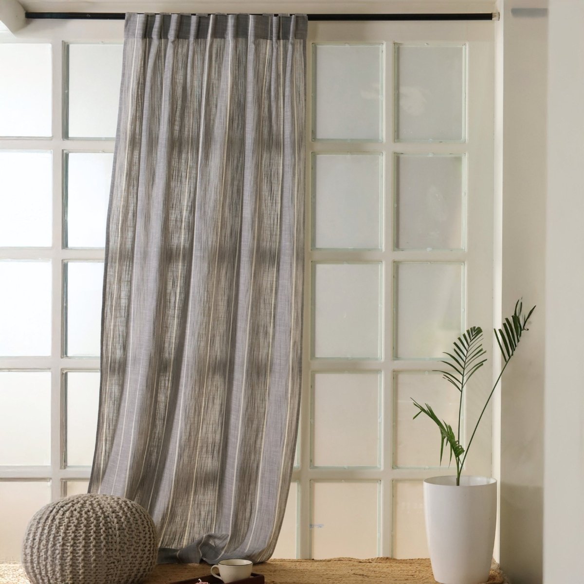 Charcoal Handwoven Cotton Striped Curtain | 7 ft/9 ft Length