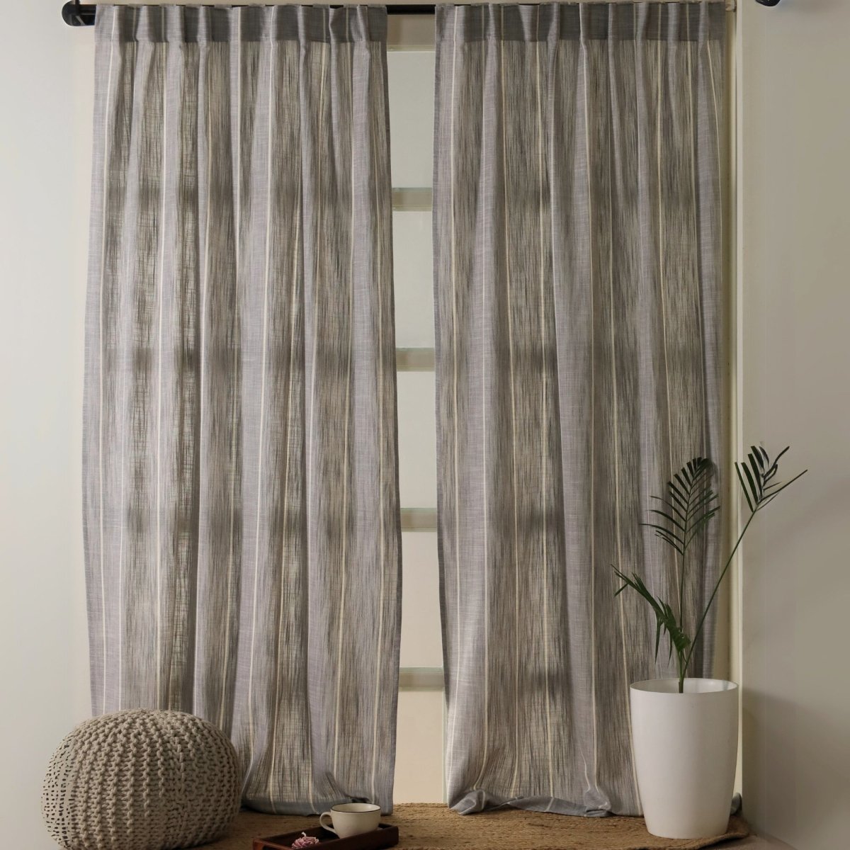 Charcoal Handwoven Cotton Striped Curtain | 7 ft/9 ft Length