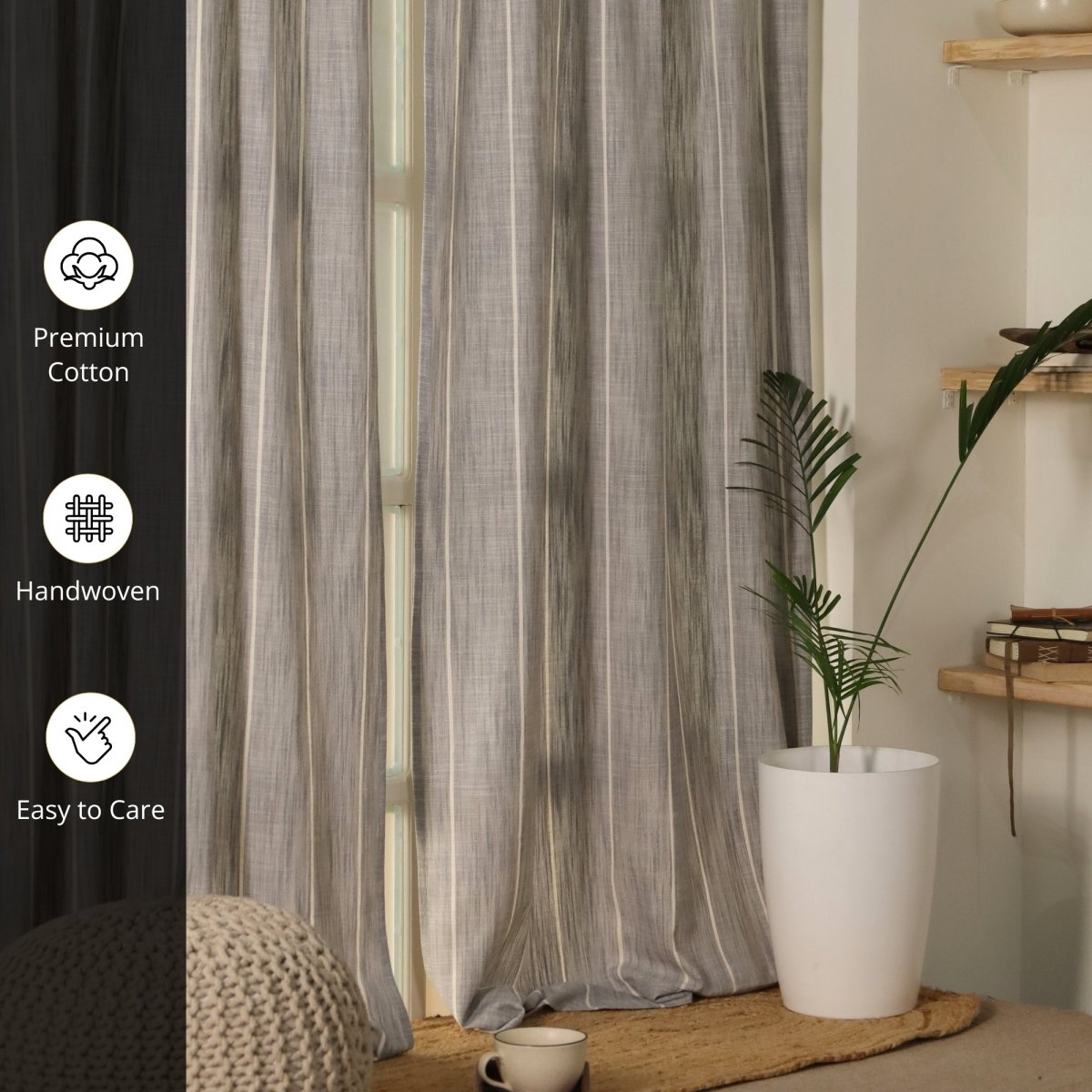 Charcoal Handwoven Cotton Striped Curtain | 7 ft/9 ft Length