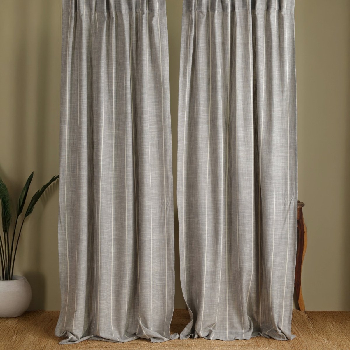 Charcoal Handwoven Cotton Striped Curtain | 7 ft/9 ft Length