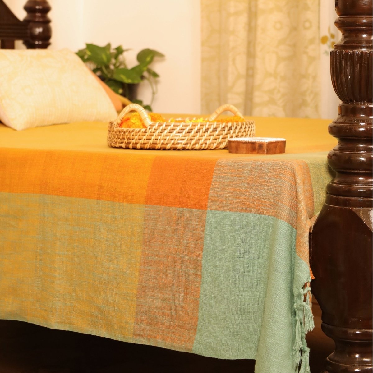 Citrine Yellow and Green Cotton Bed Cover | Marigold Collection