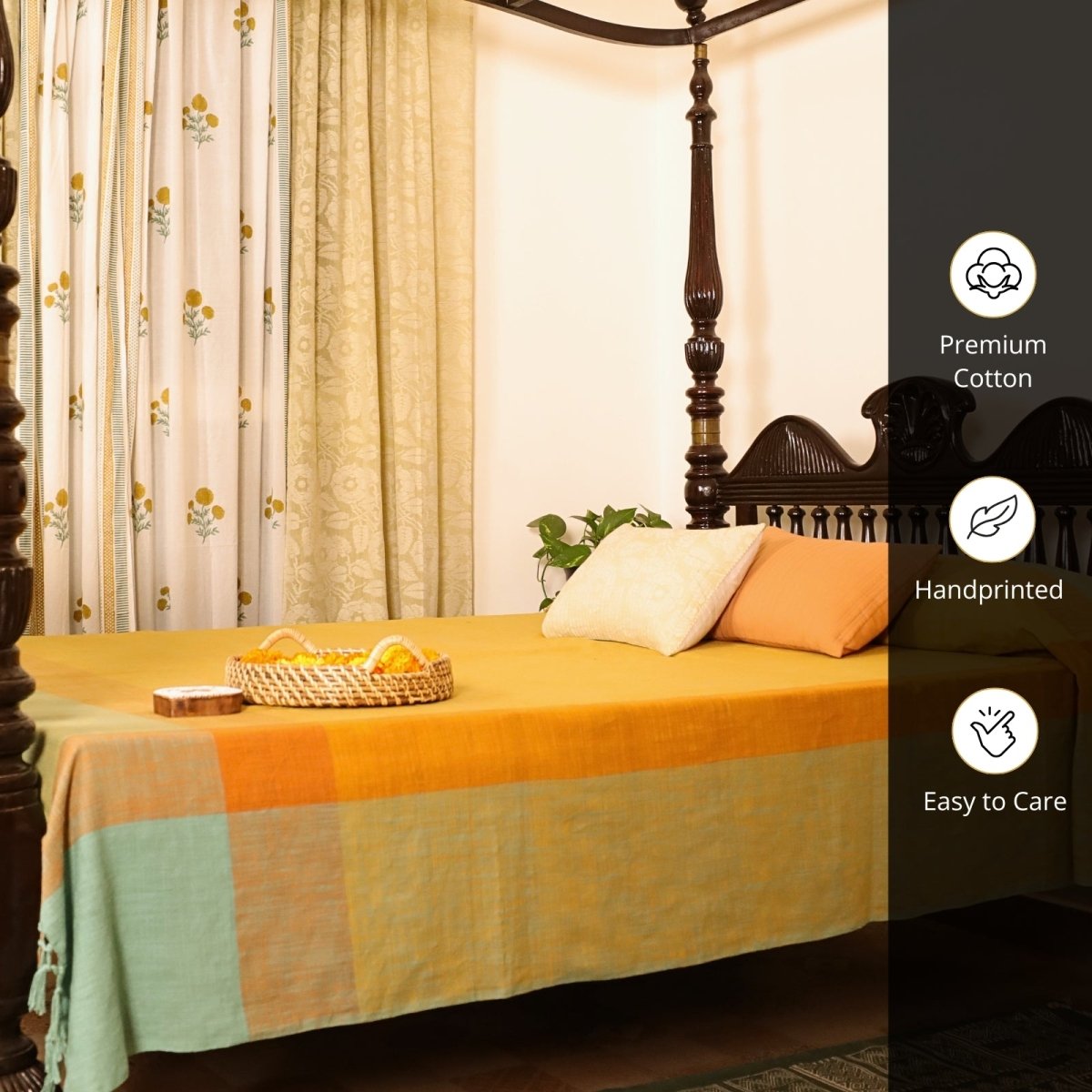 Citrine Yellow and Green Cotton Bed Cover | Marigold Collection