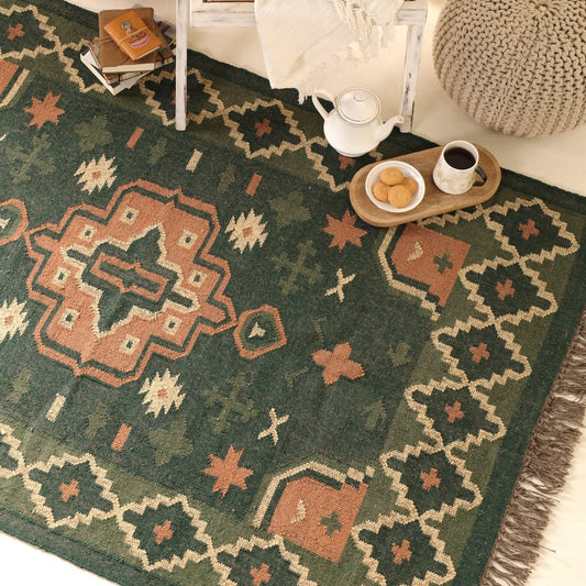 Clover Green Handwoven Rug In 4 x 6 ft | Geometric Pattern | Handcrafted In India