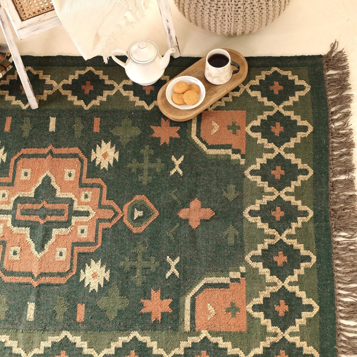 Clover Green Handwoven Rug In 4 x 6 ft | Geometric Pattern | Handcrafted In India