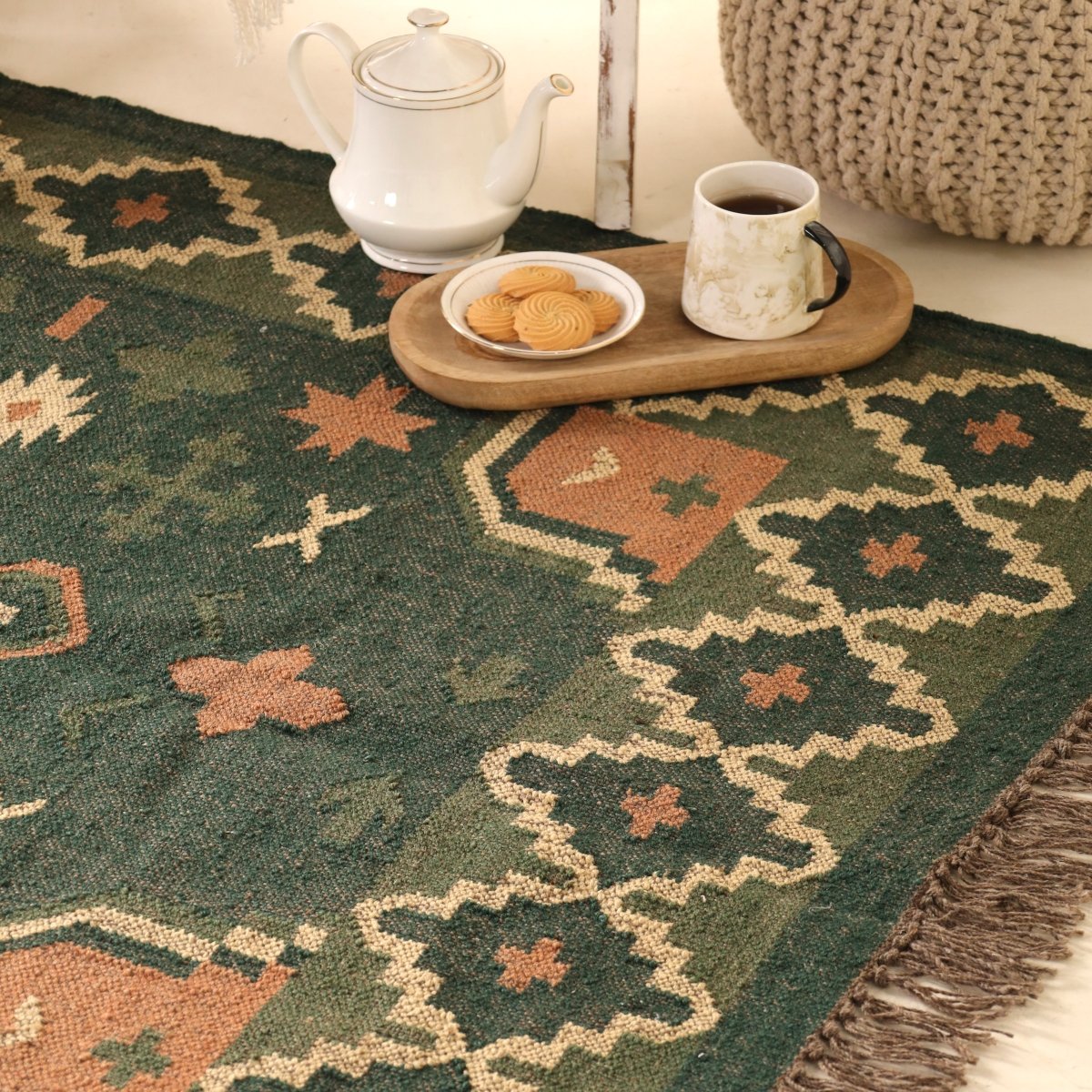 Clover Green Handwoven Rug In 4 x 6 ft | Geometric Pattern | Handcrafted In India