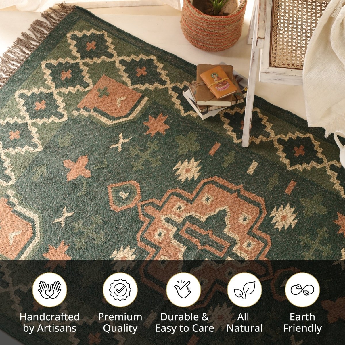 Clover Green Handwoven Rug In 4 x 6 ft | Geometric Pattern | Handcrafted In India