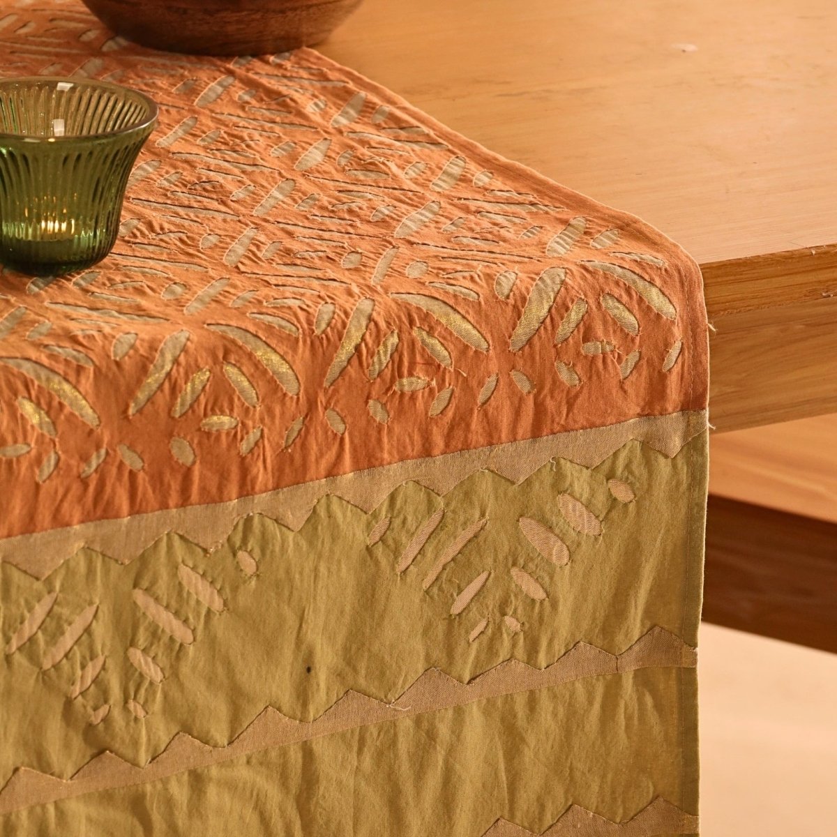 Coral & Sage Green Applique Cotton Dining Table Runner | 15" x 60" | Marigold Collection