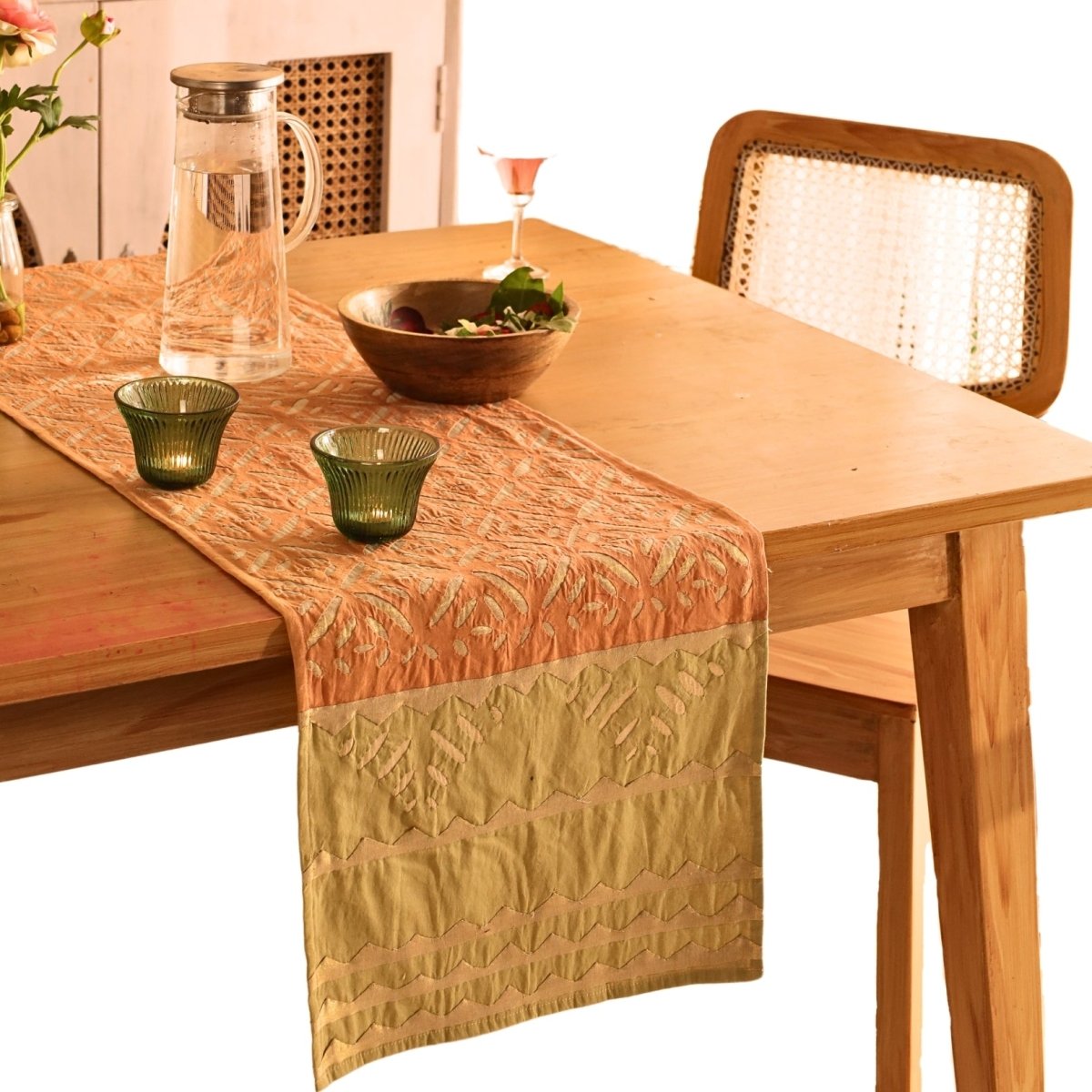 Coral & Sage Green Applique Cotton Dining Table Runner | 15" x 60" | Marigold Collection