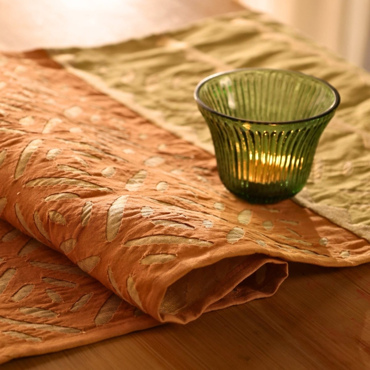 Coral & Sage Green Applique Cotton Dining Table Runner | 15" x 60" | Marigold Collection