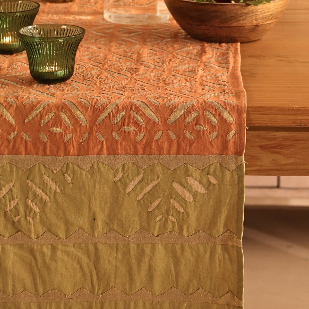 Coral & Sage Green Applique Cotton Dining Table Runner | 15" x 60" | Marigold Collection