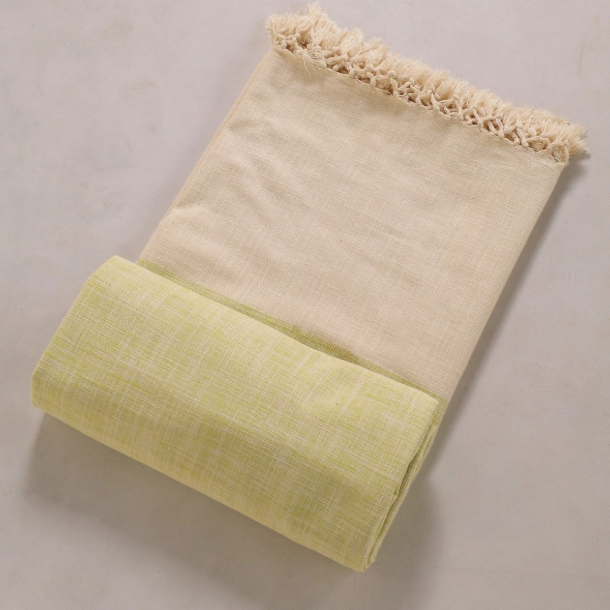 Cotton Bed Cover In Beige And Leaf Green | Queen Size | Handmade In India
