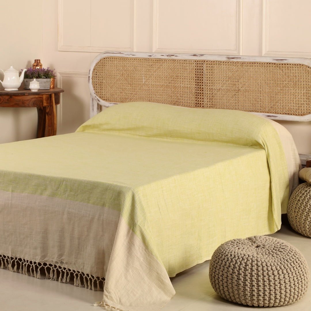 Cotton Bed Cover In Beige And Leaf Green | Queen Size | Handmade In India
