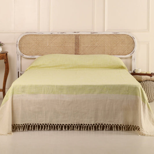 Cotton Bed Cover In Beige And Leaf Green | Queen Size | Handmade In India