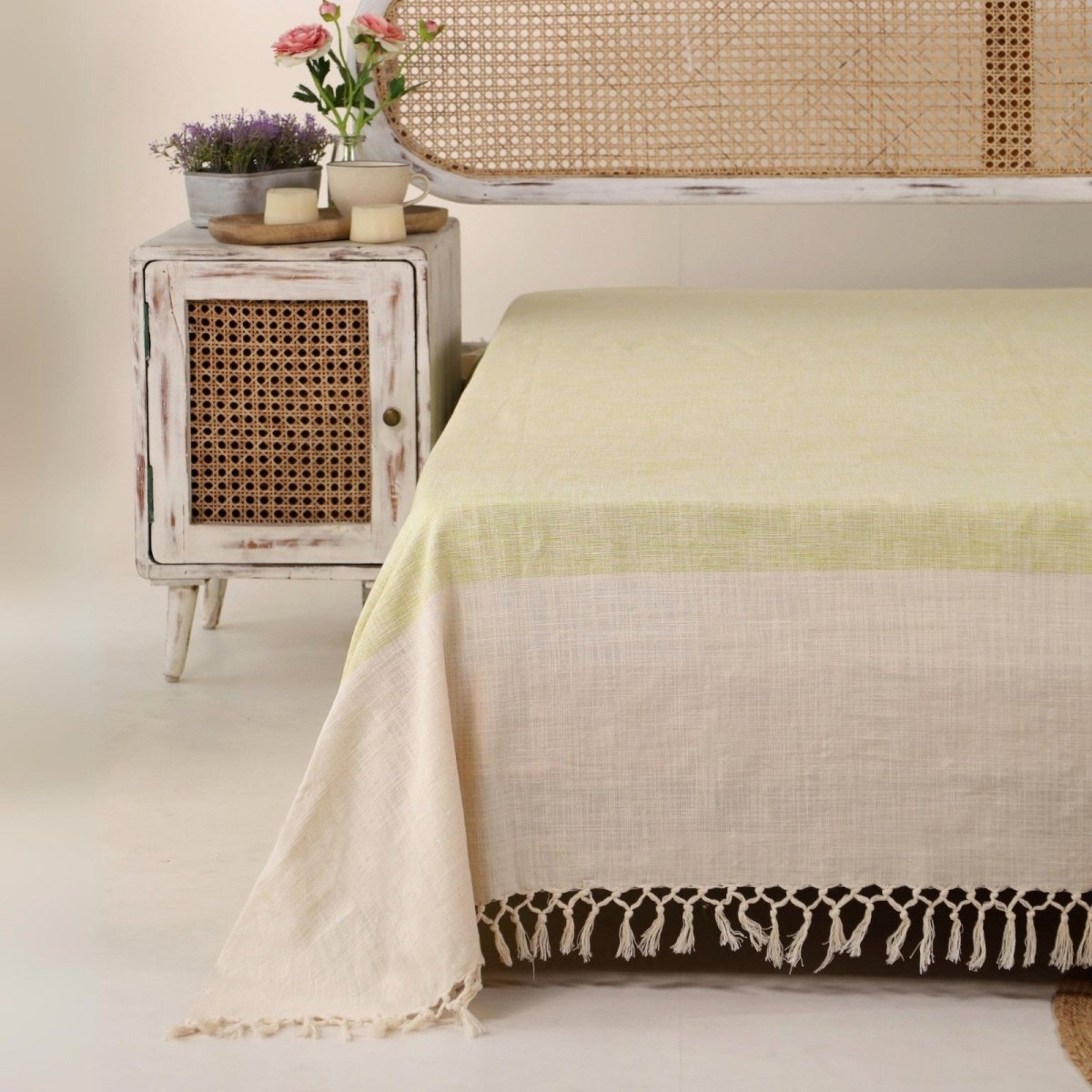 Cotton Bed Cover In Beige And Leaf Green | Queen Size | Handmade In India