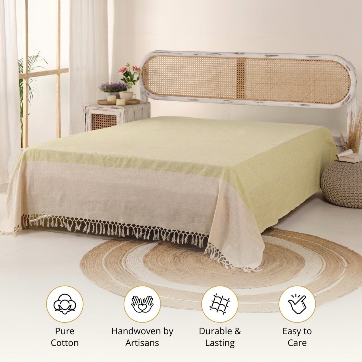 Cotton Bed Cover In Beige And Leaf Green | Queen Size | Handmade In India