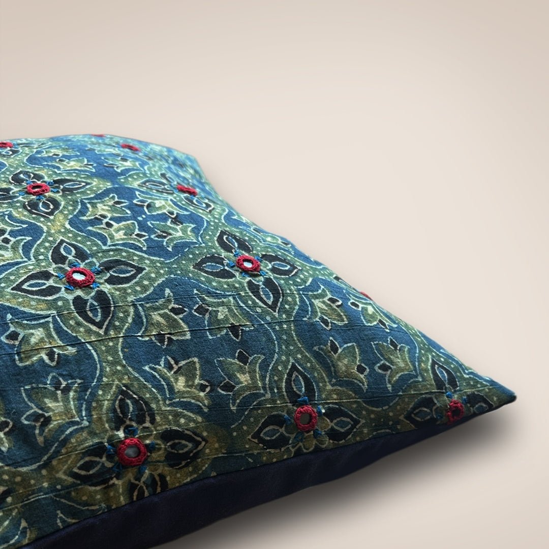 Cotton Cushion Covers Embroidered and Block Printed in Green and Indigo Set of 1/2/4 | 16 x 16 | Handmade in India