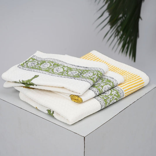Cotton Hand And Bath Towel Set | Block Printed In Marigold Pattern | Super Absorbent, Soft & Faster Drying | 300 GSM | Handmade In India