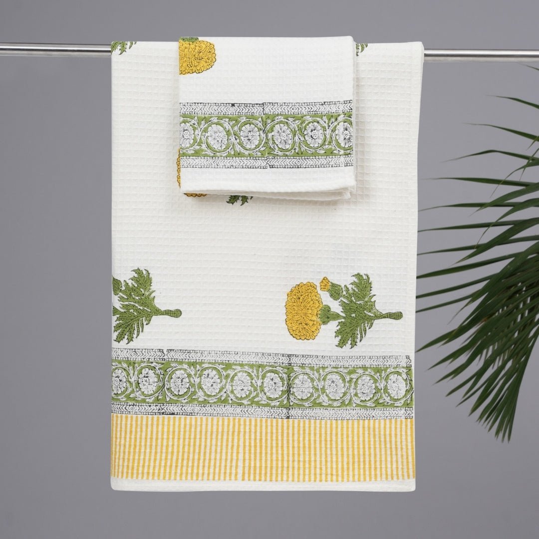 Cotton Hand And Bath Towel Set | Block Printed In Marigold Pattern | Super Absorbent, Soft & Faster Drying | 300 GSM | Handmade In India
