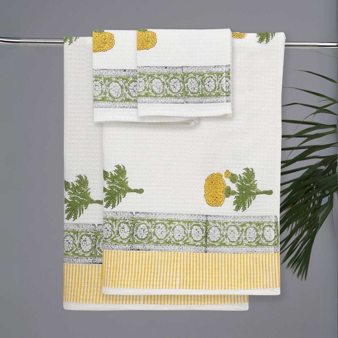 Pure Cotton Towels Handprinted  Marigold Pattern