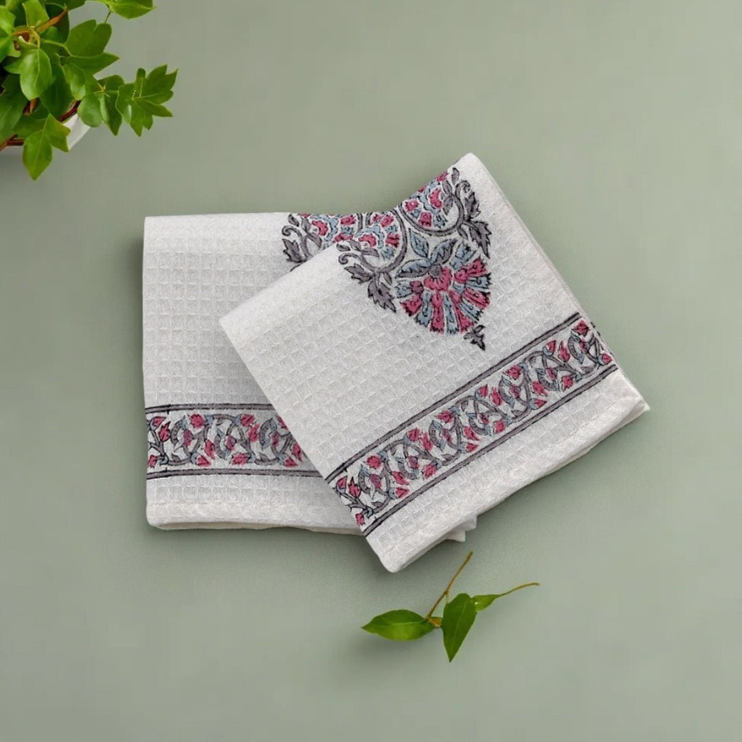 Pure Soft Cotton Towels  Sets Block Printed in Petal Pattern 