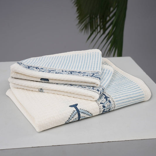 Cotton Hand And Bath Towel Set | Block Printed In White & Blue Pattern | Absorbent & Faster Drying | 300 GSM | Handmade In India
