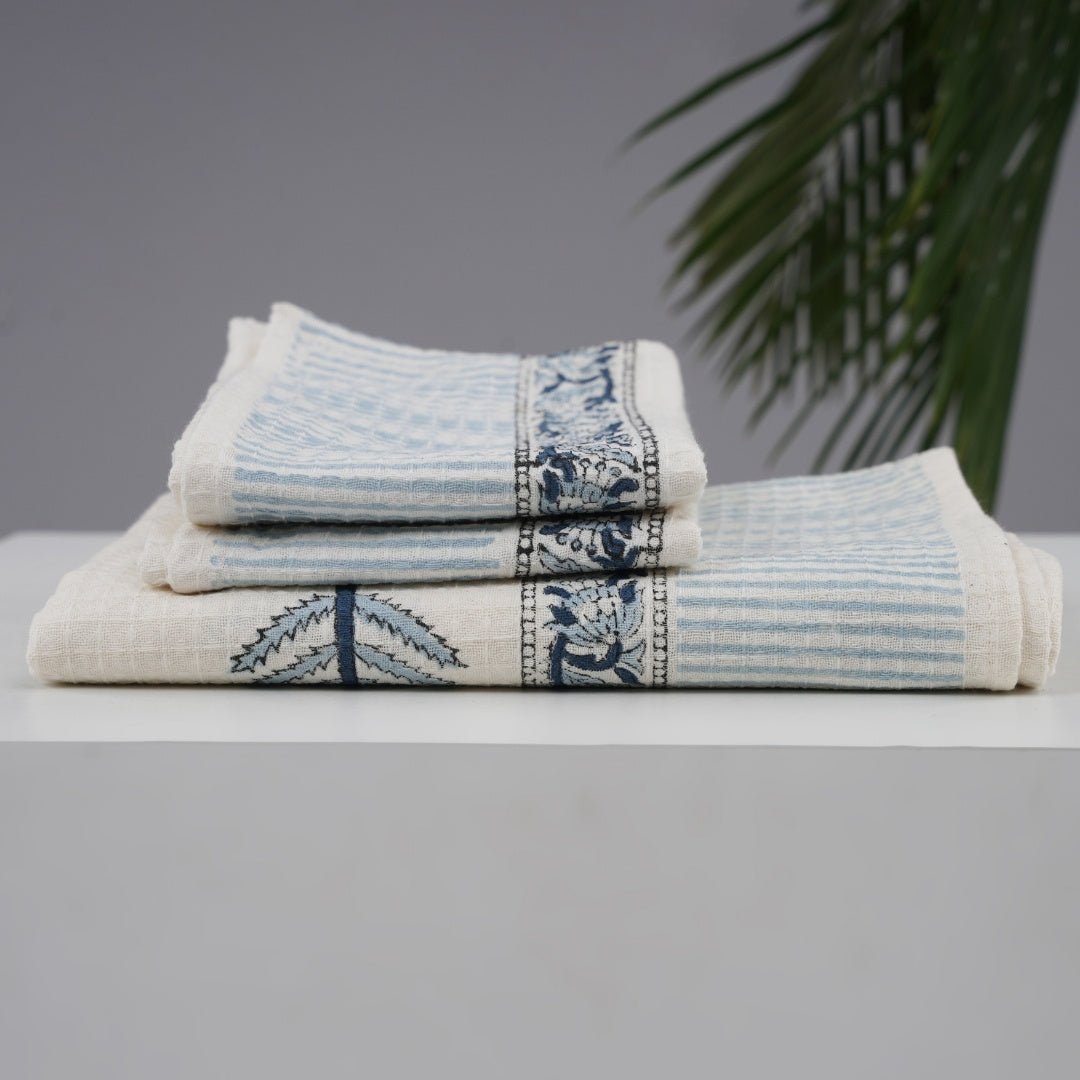Cotton Hand And Bath Towel Set | Block Printed In White & Blue Pattern | Absorbent & Faster Drying | 300 GSM | Handmade In India