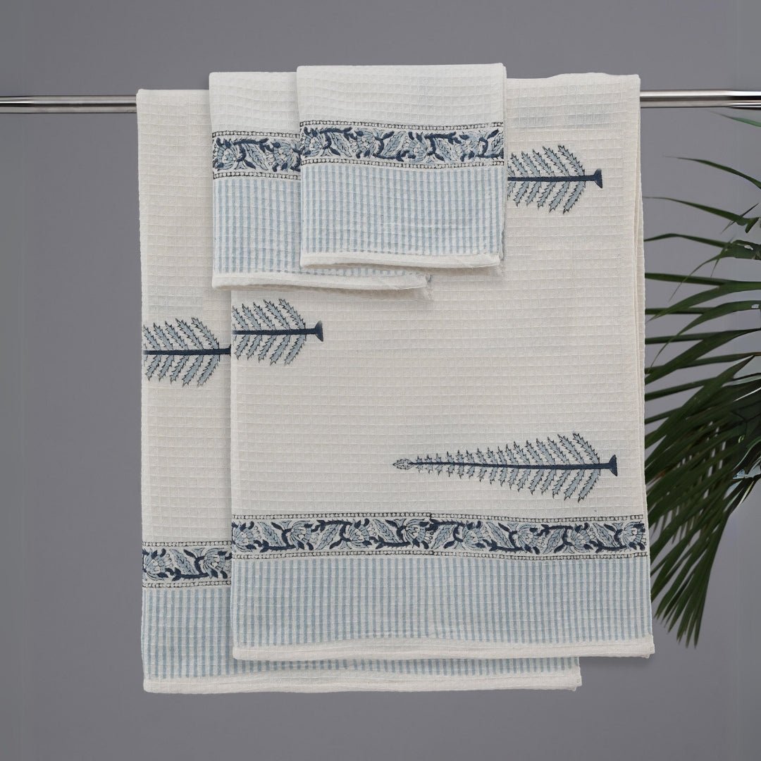 Towel Sets Block Printed in White & Blue Pattern