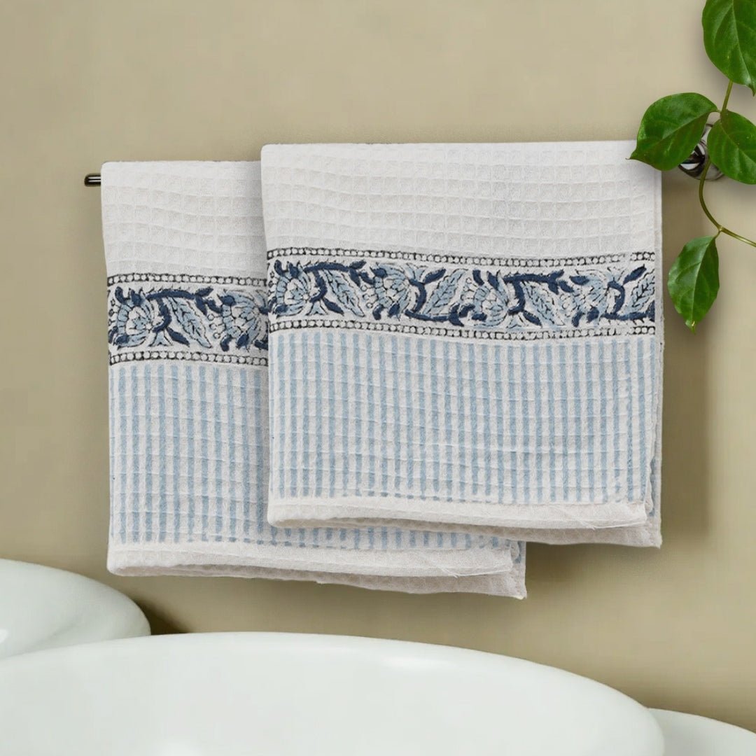 Hand & Bath Cotton Towels Sets Block Printed in White & Blue Pattern