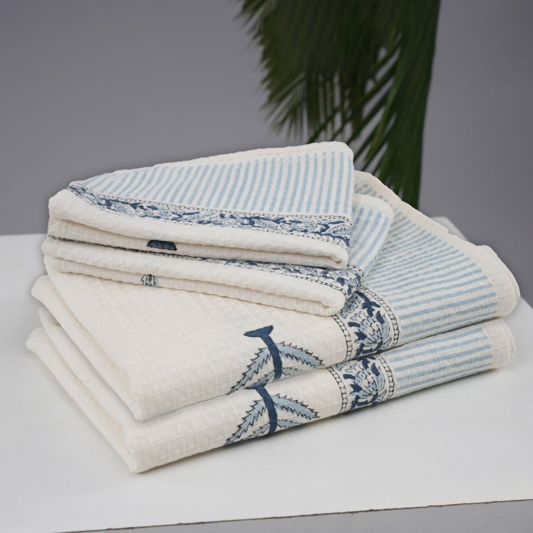 Pure Cotton Bath and Hand Towel Set Block Printed in White & Blue Pattern