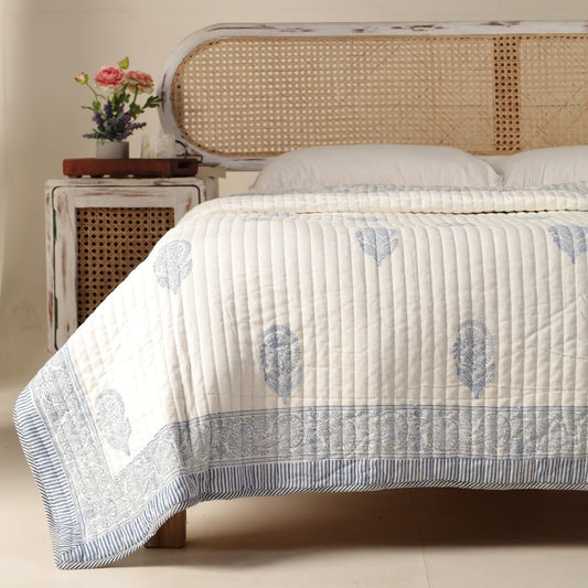 Cotton Quilt Handprinted In A Floral Pattern | Single Bed Size | Handmade In India