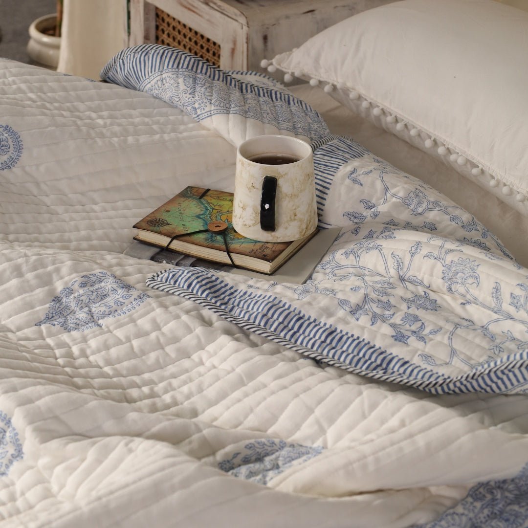 Cotton Quilt Handprinted In A Floral Pattern | Single Bed Size | Handmade In India