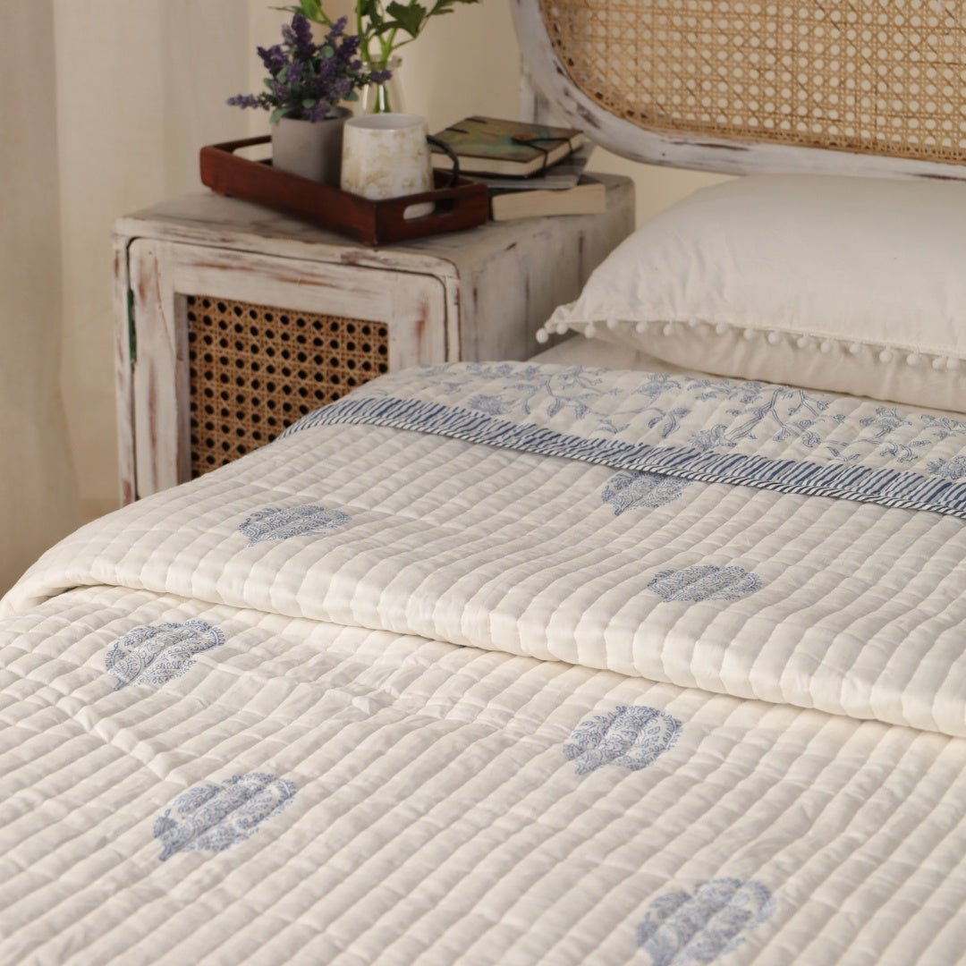 Cotton Quilt Handprinted In A Floral Pattern | Single Bed Size | Handmade In India