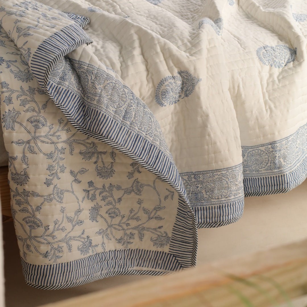 Cotton Quilt Handprinted In A Floral Pattern | Single Bed Size | Handmade In India