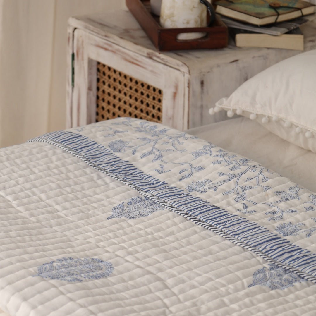 Cotton Quilt Handprinted In A Floral Pattern | Single Bed Size | Handmade In India