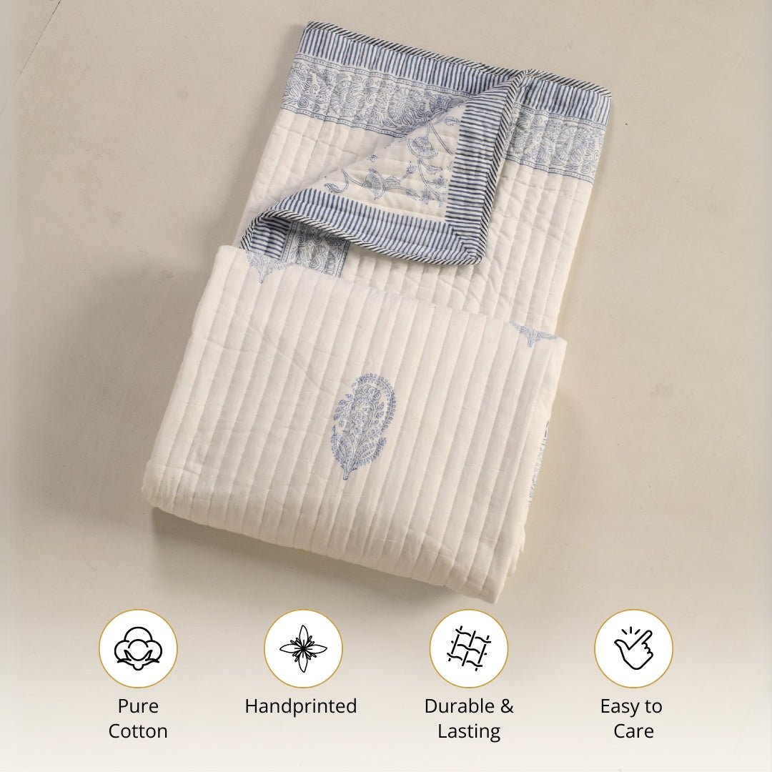 Cotton Quilt Handprinted In A Floral Pattern | Single Bed Size | Handmade In India