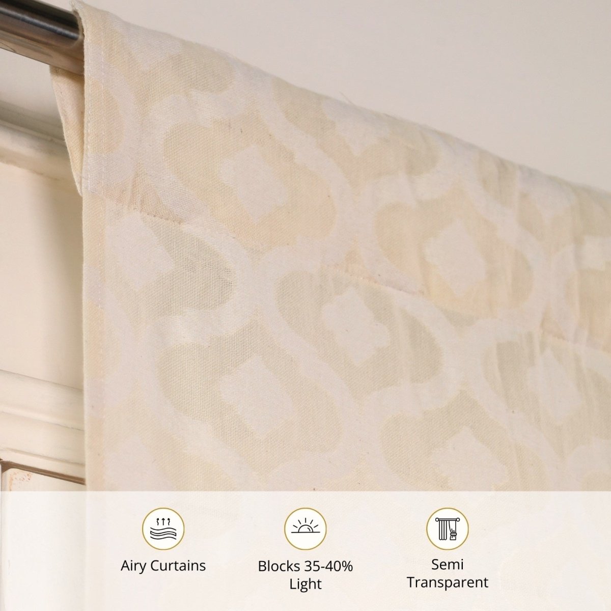 Cotton Semi Sheer Window Curtains |5 and 7 Feet | Handwoven Beige and White Cutwork| Handmade In India