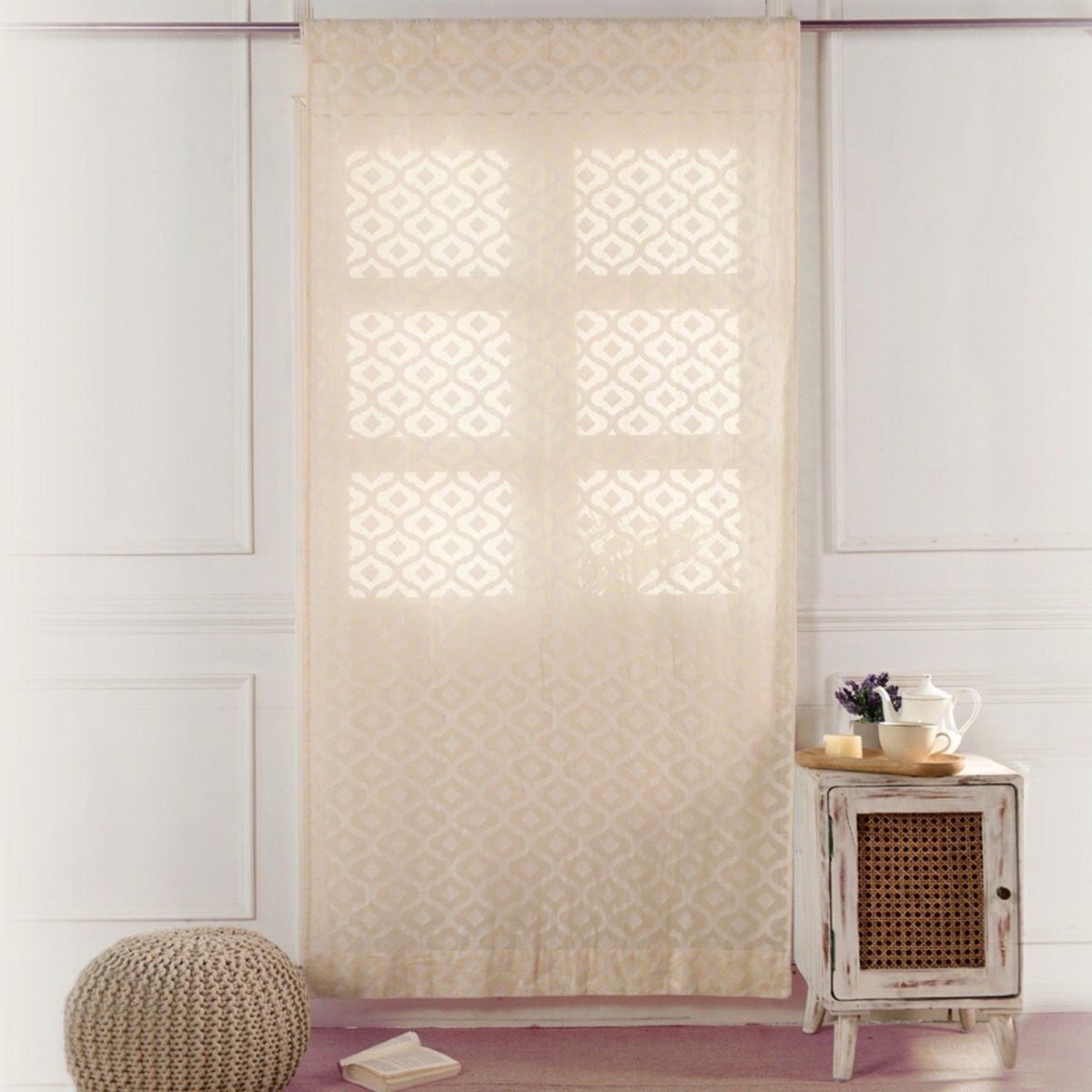 Cotton Semi Sheer Window Curtains |5 and 7 Feet | Handwoven Beige and White Cutwork| Handmade In India