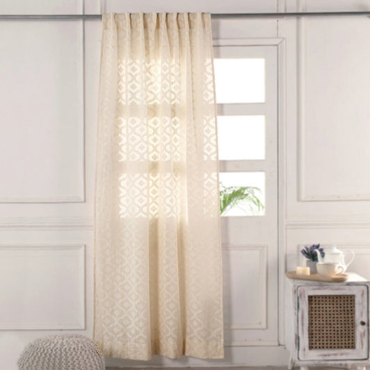 Cotton Semi Sheer Window Curtains |5 and 7 Feet | Handwoven Beige and White Cutwork| Handmade In India