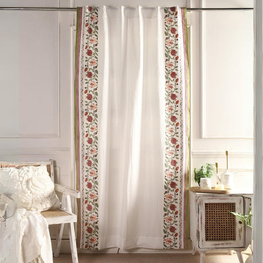 Cotton Window And Door Curtains With Hand Block Printed Floral Pattern Border | 5 / 7 ft|  Handmade In India